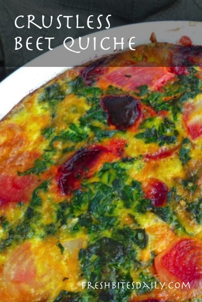 A crustless quiche with beets and greens, beautiful enough for company